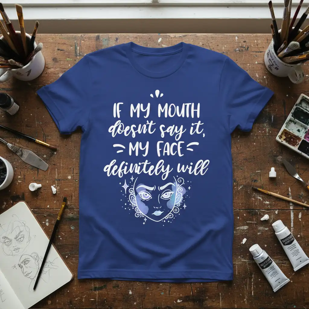 IF MY MOUTH doesn't say it, = MY FACE = definitely will quote on a blue t-shirt with expressive face graphic