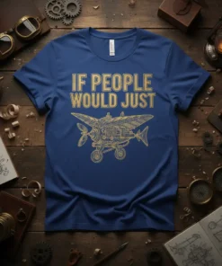 Blue t-shirt with gold text "IF PEOPLE WOULD JUST" above a detailed steampunk airplane graphic