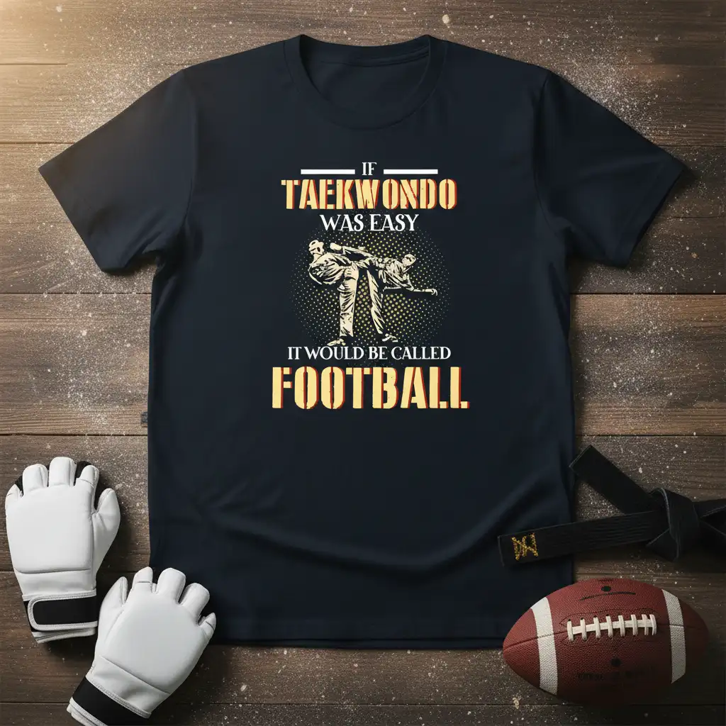 If Taekwondo Was Easy It Would Be Called Football quote design featuring sparring martial artists and bold text