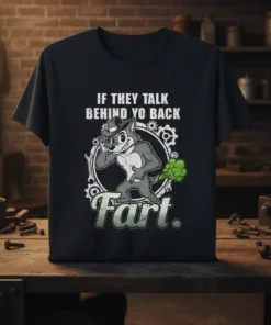 IF THEY TALK BEHIND YO BACK Fart. text with cartoon wolf farting graphic on a black t-shirt