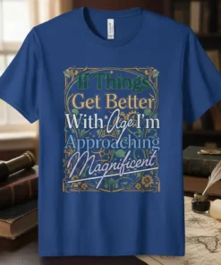 If Things Get Better With Age I'm Approaching Magnificent quote in decorative typography on a blue t-shirt
