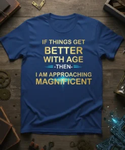Blue t-shirt with gold text: "IF THINGS GET BETTER WITH AGE -THEN- I AM APPROACHING MAGNIFICENT" quote design