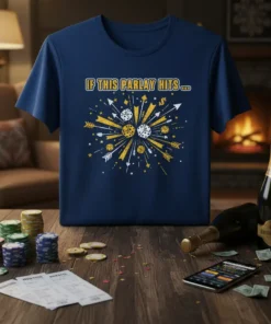 Navy blue t-shirt with "IF THIS PARLAY HITS..." text and a graphic of dice, arrows, and stars