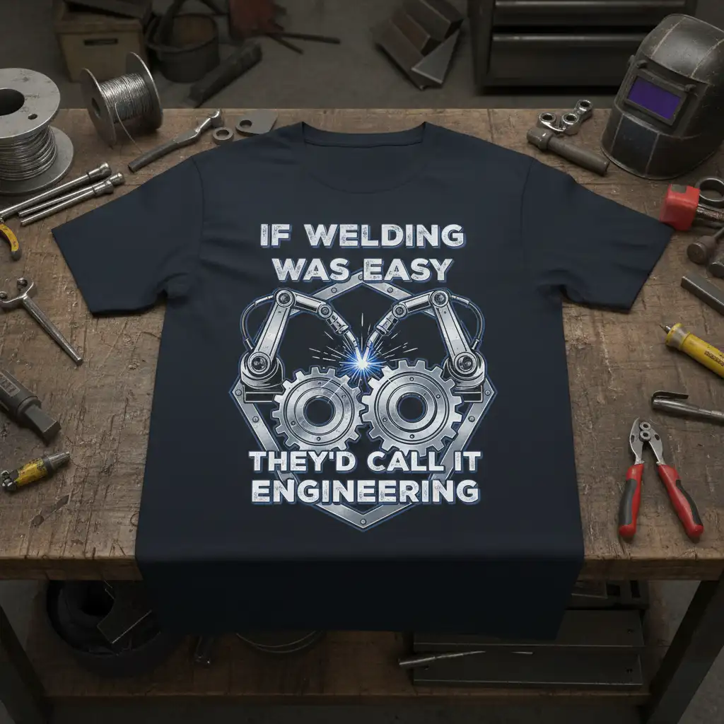 If Welding Was Easy They'd Call It Engineering quote with robotic arms and gears graphic on a t-shirt