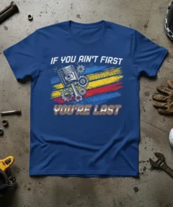 If You Ain't First You're Last text with piston and gears graphic on a blue t-shirt