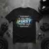 If You Ain't First You're Last racing quote t-shirt with bold blue and yellow futuristic design