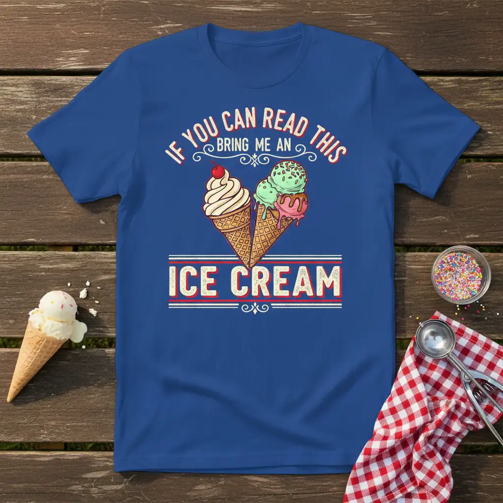 If You Can Read This Bring Me An Ice Cream quote on a blue t-shirt with ice cream cones graphic