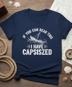 Funny sailing t-shirt with white text "If You Can Read This I Have Capsized" and a graphic of a boat