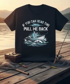 Black t-shirt with white text "IF YOU CAN READ THIS PULL ME BACK" and a graphic of a fisherman in