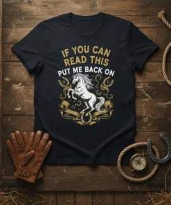 T-shirt with "If You Can Read This Put Me Back On" text and a white horse graphic with golden horseshoes