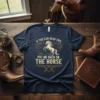 Navy t-shirt with gold text "If You Can Read This, Put Me Back On The Horse" and a graphic of