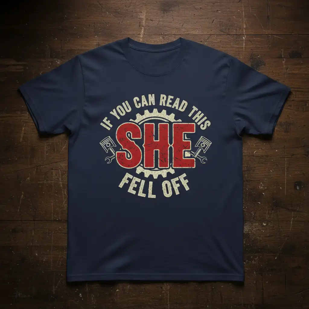 If You Can Read This She Fell Off humorous quote with automotive gear graphics on a t-shirt