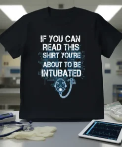 Black t-shirt with white text "IF YOU CAN READ THIS SHIRT YOU'RE ABOUT TO BE INTUBATED" and a graphic of