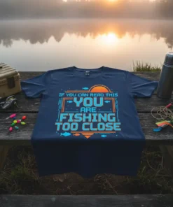 T-shirt with "IF YOU CAN READ THIS YOU ARE FISHING TOO CLOSE" text in blue and orange pixelated font, featuring