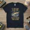 If You Can Read This You're Fishing Too Close humorous fishing quote t-shirt design with a leaping salmon graphic
