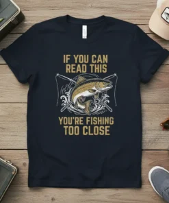 If You Can Read This You're Fishing Too Close humorous fishing quote t-shirt design with a leaping salmon graphic