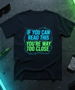 T-shirt with the neon-style text "IF YOU CAN READ THIS YOU'RE WAY TOO CLOSE" in blue and green on a