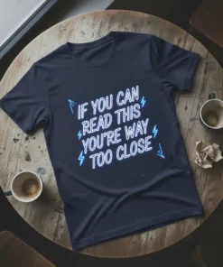 Navy t-shirt with neon blue text "IF YOU CAN READ THIS YOU'RE WAY TOO CLOSE" and lightning bolt graphics