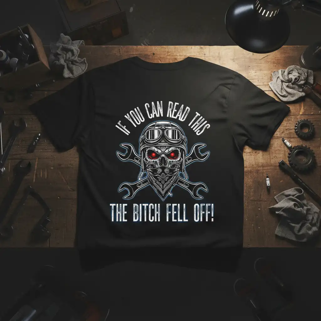 IF YOU CAN READ THIS THE BITCH FELL OFF! biker t-shirt with skull graphic and crossed wrenches