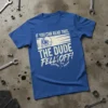 IF YOU CAN READ THIS, THE DUDE FELL OFF! text with motorcycle helmet graphic on blue t-shirt