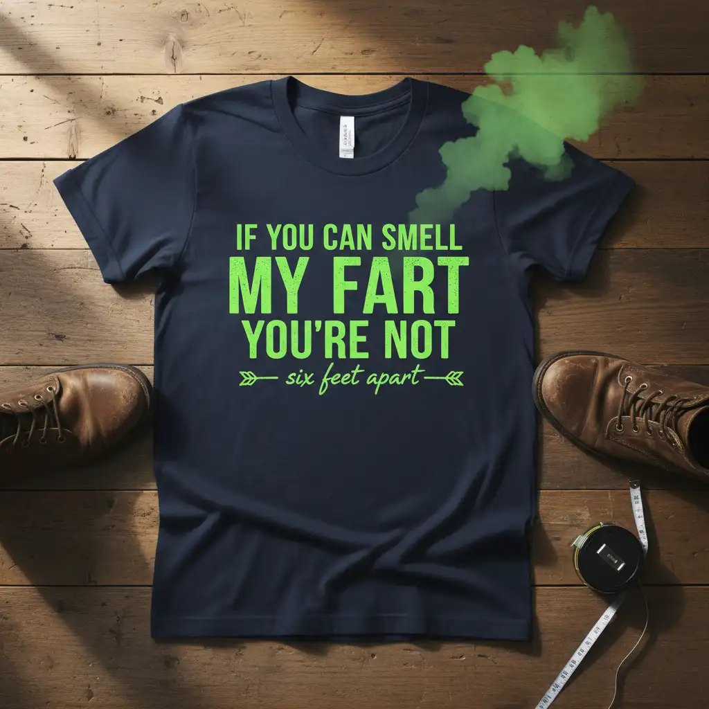 If You Can Smell My Fart You're Not Six Feet Apart text design with green cartoon fart cloud graphic