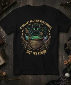 Black t-shirt with "If You Can't Kill Them With Kindness, Just Try Poison" quote featuring a black cat in a