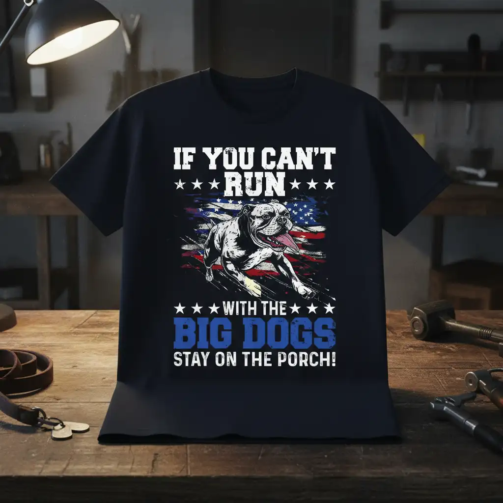 If You Can't Run With The Big Dogs Stay On The Porch quote with bulldog and American flag graphic on t-shirt