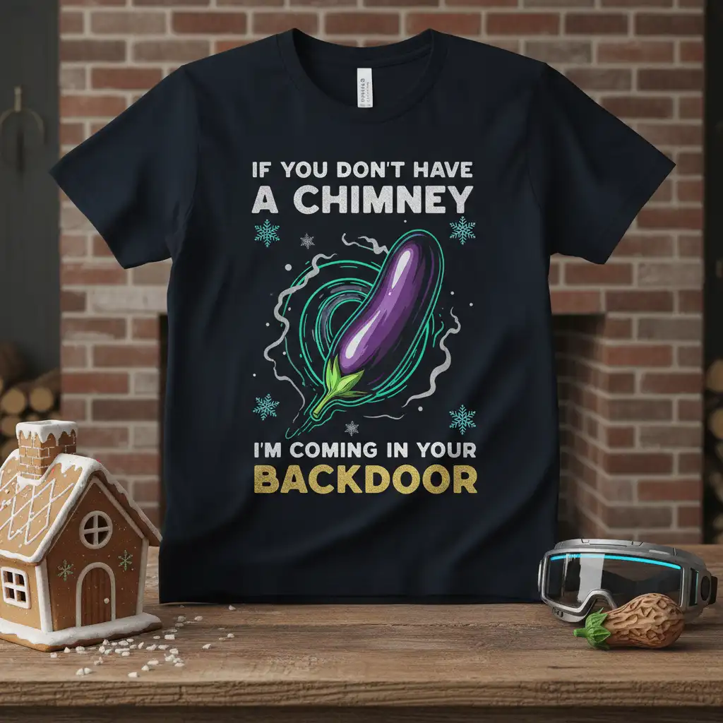 IF YOU DON'T HAVE A CHIMNEY I'M COMING IN YOUR BACKDOOR humorous quote with eggplant graphic on a t-shirt