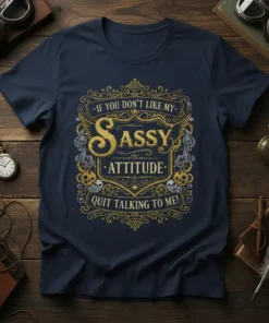 Navy t-shirt with "IF YOU DON'T LIKE MY SASSY ATTITUDE QUIT TALKING TO ME!" in ornate gold lettering and steampunk-inspired