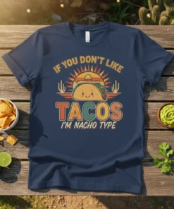 Taco graphic with "If You Don't Like Tacos I'm Nacho Type" text, featuring a smiling taco wearing a sombrero and