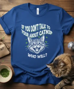 If You Don't Talk To Your About Catnip Who Will? funny cat t-shirt with a cartoon cat face and catnip