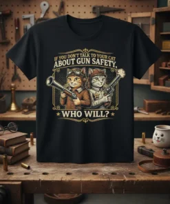 If You Don't Talk To Your Cat About Gun Safety, Who Will? quote on a black t-shirt with cartoon cats