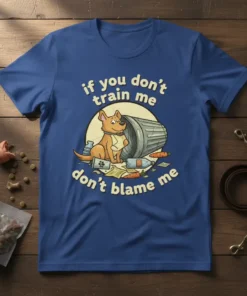 Funny dog t-shirt with the text "if you don't train me don't blame me" and a cartoon dog next to