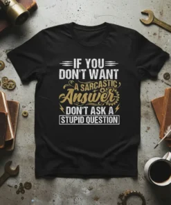 Black t-shirt with white and gold text saying "If You Don't Want A Sarcastic Answer Don't Ask A Stupid Question"