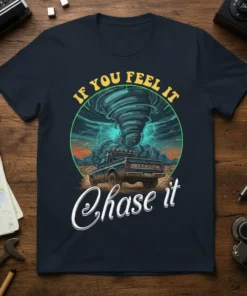 If You Feel It Chase It text with a pickup truck driving towards a tornado graphic on a navy t-shirt