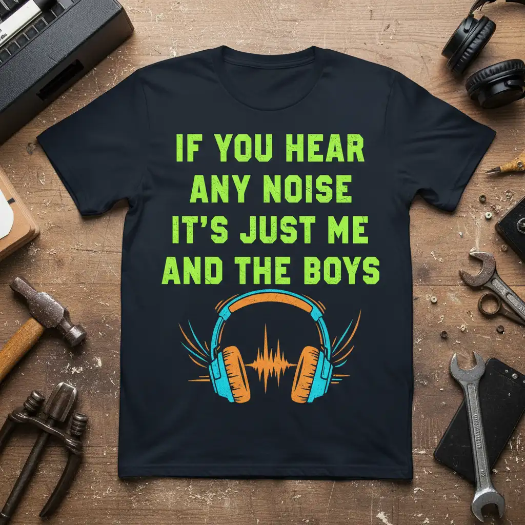 IF YOU HEAR ANY NOISE IT'S JUST ME AND THE BOYS quote with audio waves headphones graphic on t-shirt