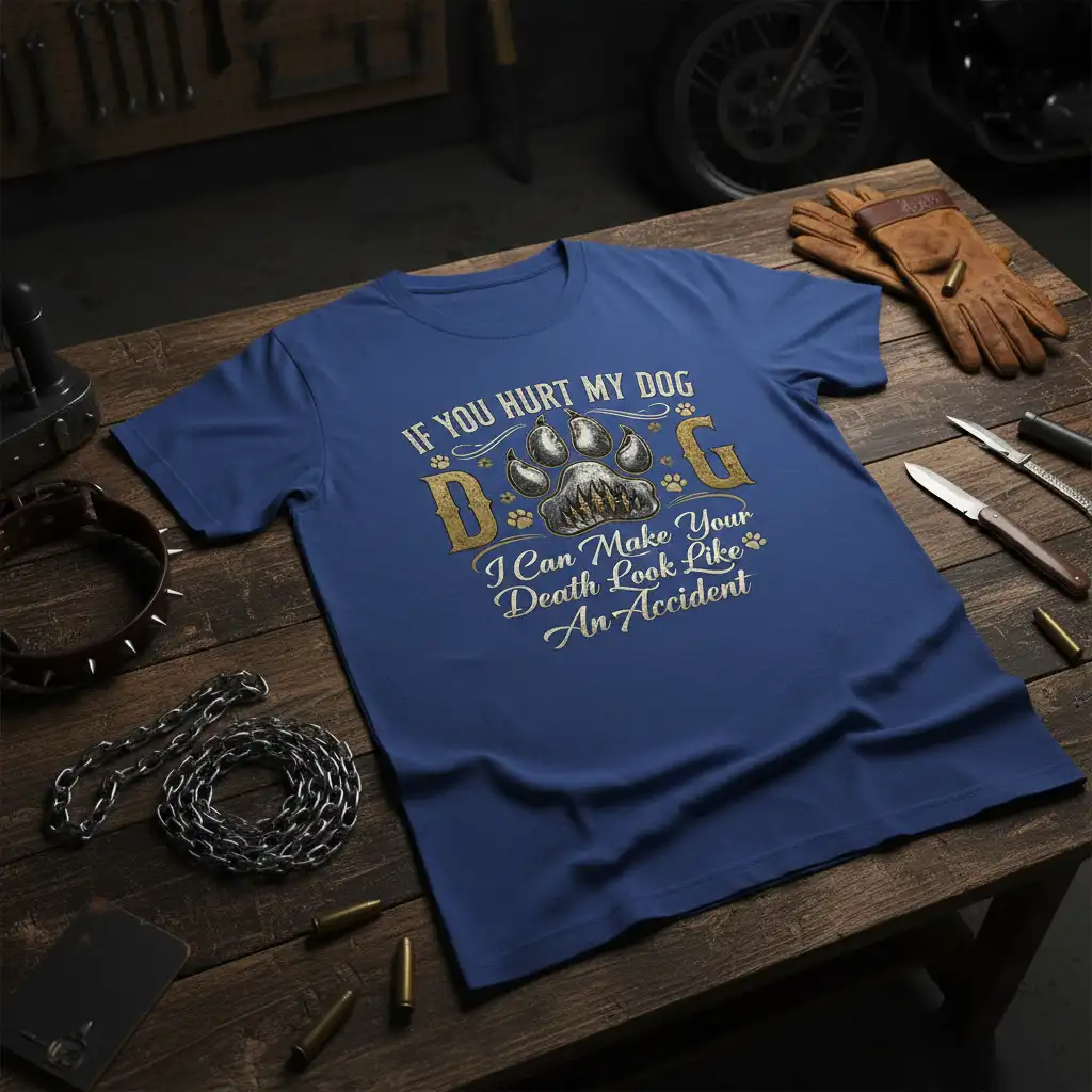 If You Hurt My Dog I Can Make Your Death Look Like An Accident quote with paw print graphic on blue t-shirt