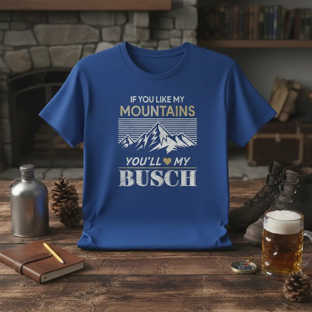 If You Like My Mountains You'll My Busch quote on a blue t-shirt with mountain graphic