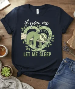 If You Me Let Me Sleep T-Shirt with a cute sleeping sloth graphic on a dark navy tee