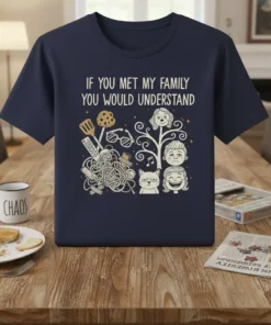If You Met My Family You Would Understand quote on a navy t-shirt with cartoon family, cat, and spaghetti graphic