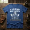 If You Met My Family You Would Understand quote with three sheep graphic on a blue t-shirt