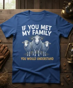 If You Met My Family You Would Understand quote with three sheep graphic on a blue t-shirt