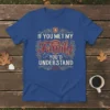 Blue t-shirt with "If You Met My Family You'd Understand" text and decorative border, featuring a shield with a lion