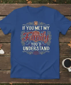 Blue t-shirt with "If You Met My Family You'd Understand" text and decorative border, featuring a shield with a lion