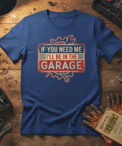 If You Need Me I'll Be In The Garage text design with wrench and gear graphic on a blue t-shirt