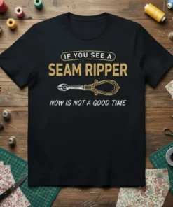 Black t-shirt with "If You See A Seam Ripper Now Is Not A Good Time" text and a seam ripper