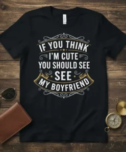 Black t-shirt with white text: "If You Think I'm Cute You Should See See My Boyfriend" design
