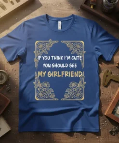 If You Think I'm Cute You Should See My Girlfriend text design with floral borders on a blue t-shirt