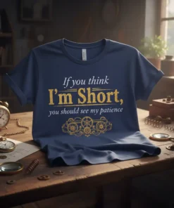 Navy blue t-shirt with "If you think I'm Short, you should see my patience" quote in gold and white, featuring