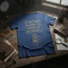 Blue t-shirt with gold text "If You Think I'm Short, You Should See My Patience" and a dragon hourglass graphic